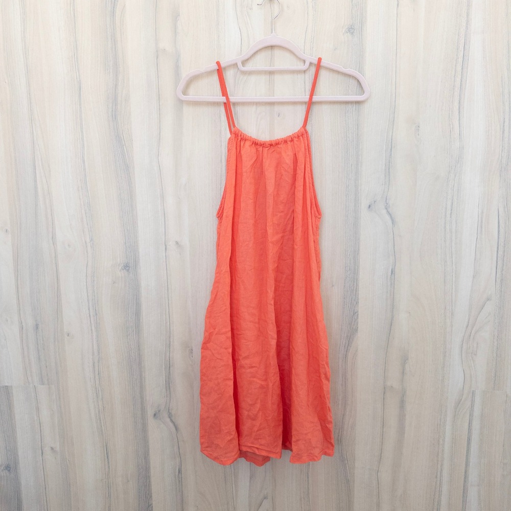 C&C California Women Linen Dress S Orange Halter Cowrie Shell Boho Beach Coastal